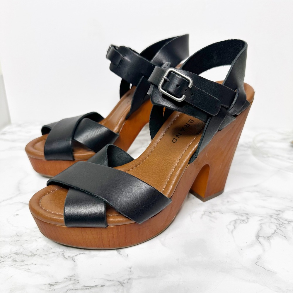 Lucky Brand Nova Sandals Women 6.5 Black Excellent Leather Wood Platform Heel